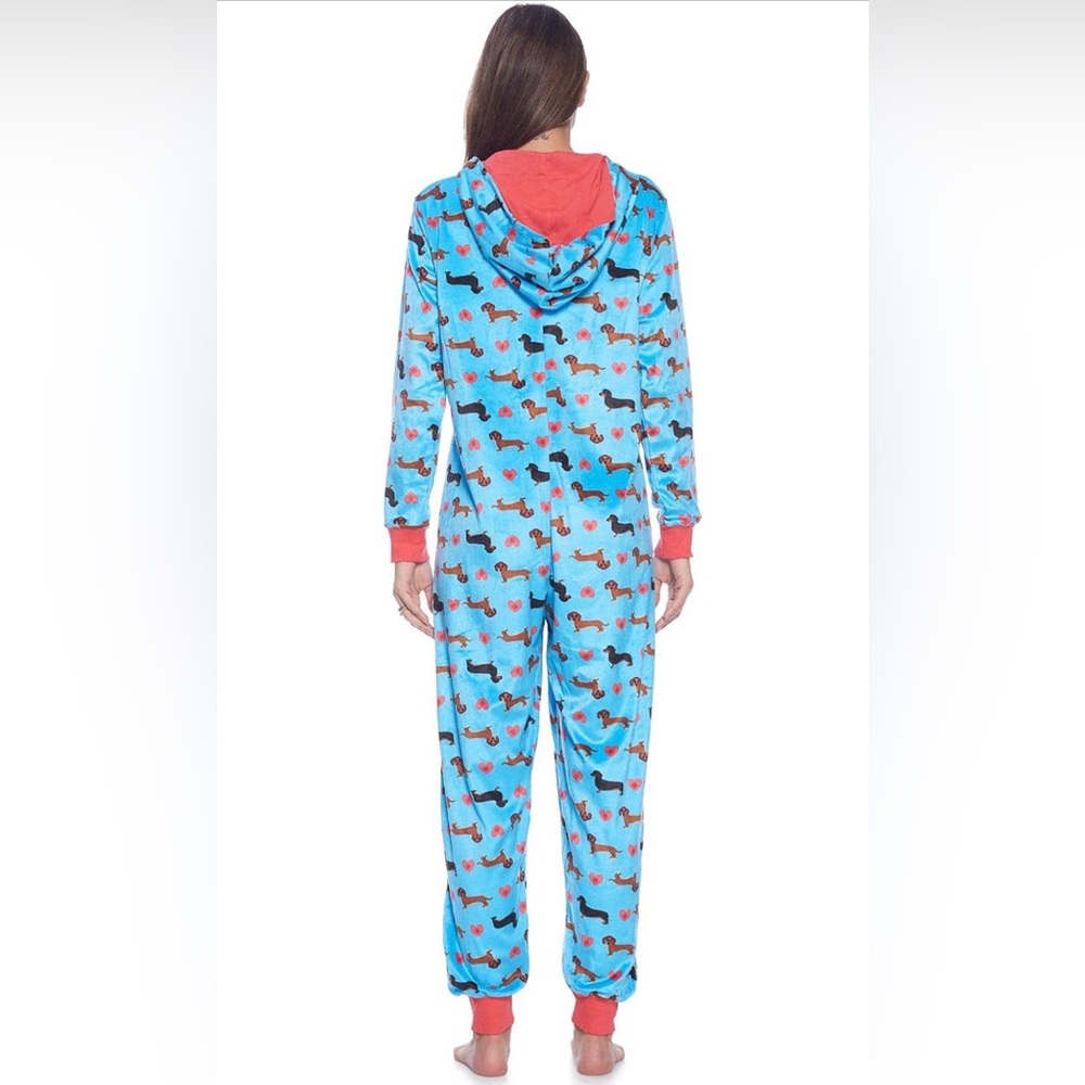 Women’s Blue Dachshund Print Zip-Up Pajamas Hooded - Picture 3 of 7